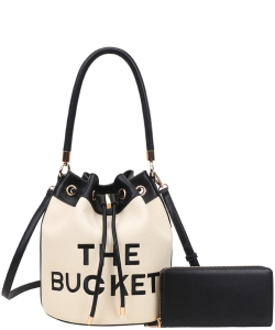 The Bucket Draw String Embroidery Hobo -Shoulder Bag with Wallet BL-9153W BLACK